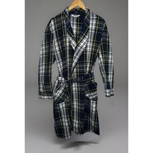 Vtg Montgomery Ward Plaid Robe - Blue Yellow White - Pockets Belt Snap - Sz M/L